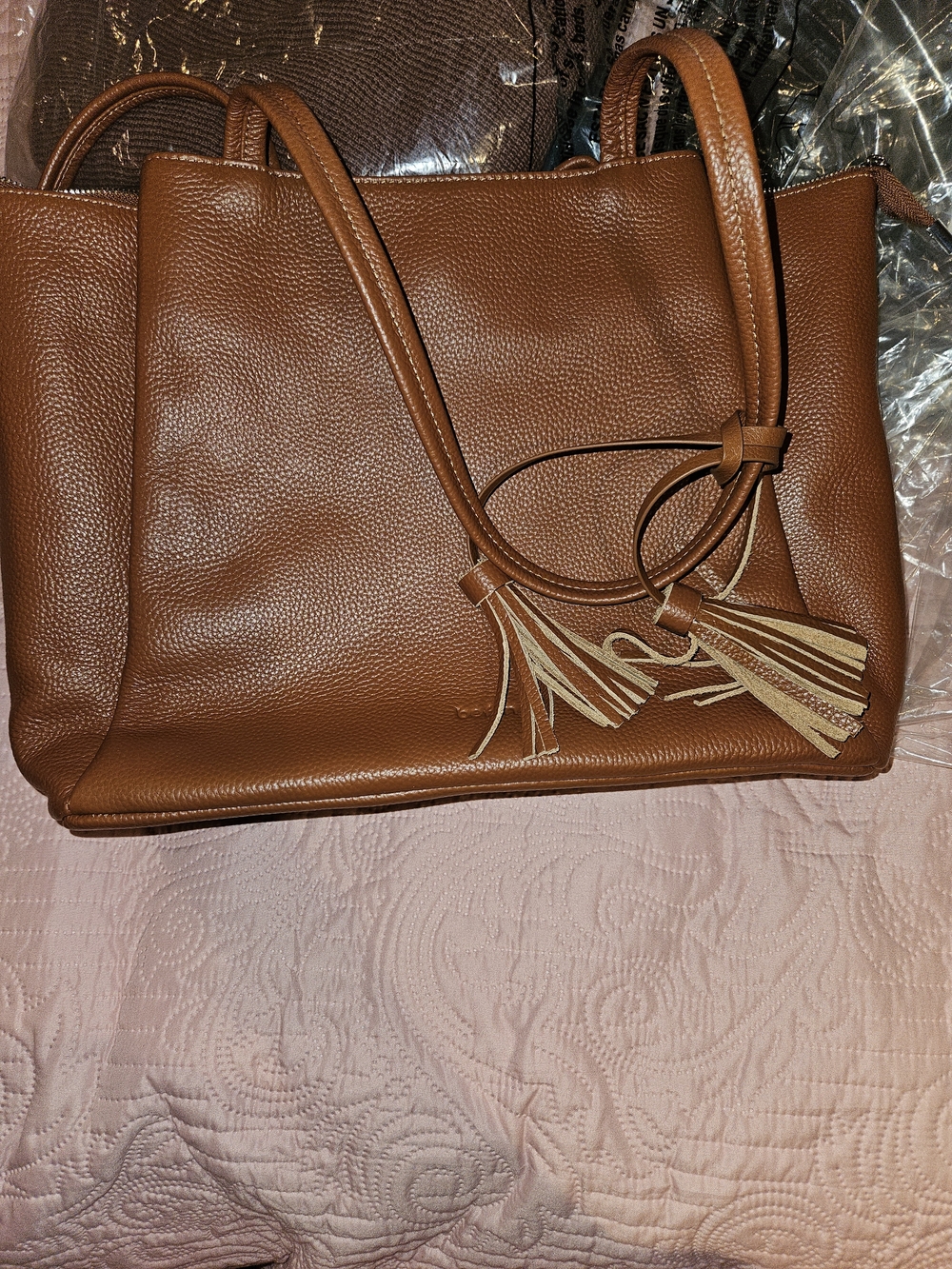 Everyday Tote Bag with Tassel Accents - Cognac
